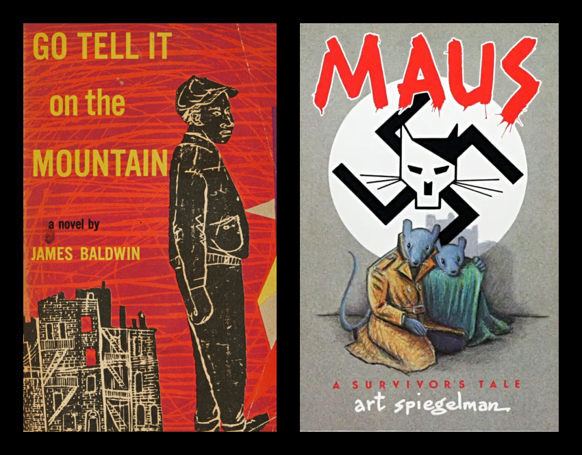 "Go Tell It on the Mountain" and "Maus" book covers