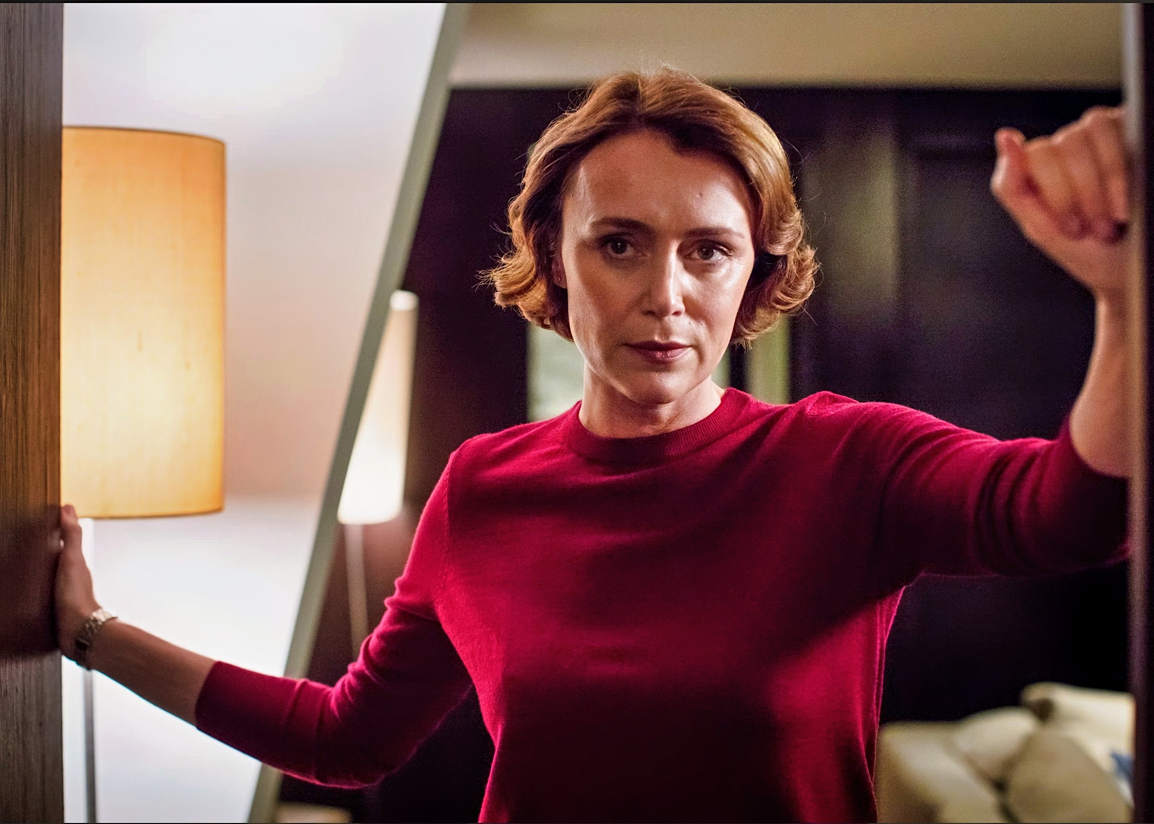 Keeley Hawes in Bodyguard in a red shirt