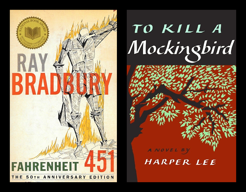 "Farenheit 451" and "to Kill A Mockingbird" book covers
