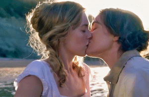 Kate Winslet and Saoirse Ronan kissing in Ammonite