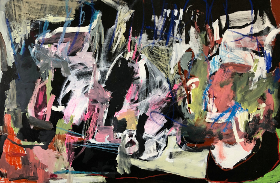 You Matched So Well, Liz Leggett, oil, acrylic & oil stick on canvas, 50 x 72 in., 2022. www.lizleggett