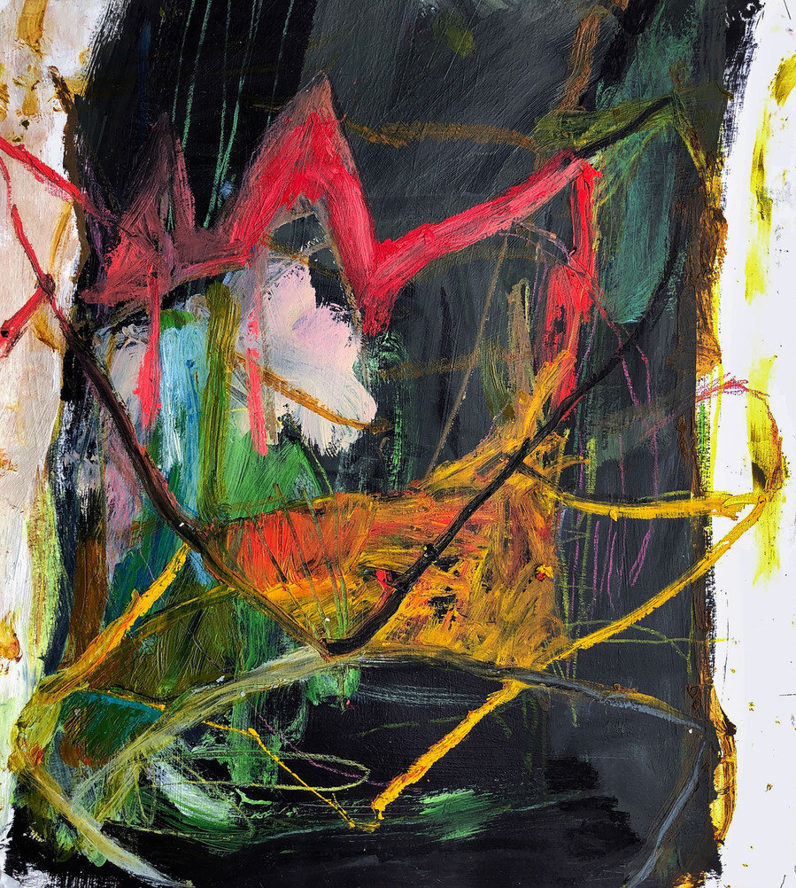 Very Upset Flower, Liz Leggett, oil, acrylic & oil stick on paper, 19 x 18 in., 2023. www.lizleggett.com